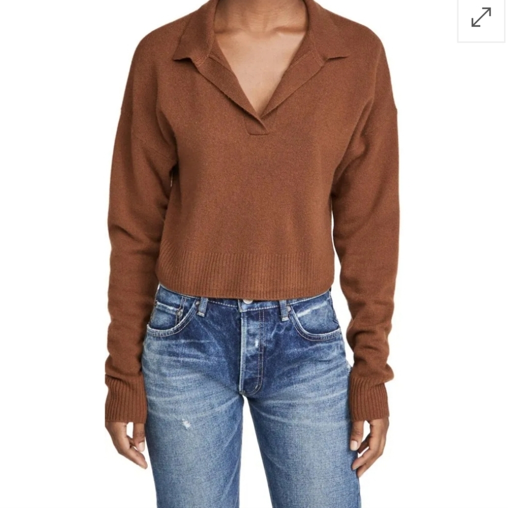 Reformation Jeans Cropped Brown Cashmere V-Neck Polo Sweater Medium